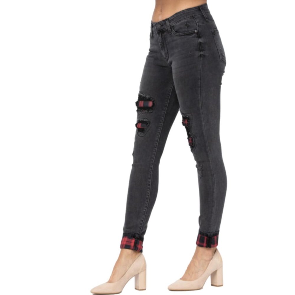 Judy Blue Black Destroyed Plaid Patch Skinny Jeans - Picture 2 of 4